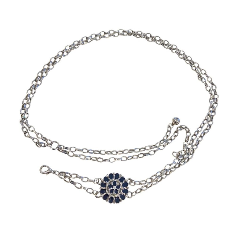 Y2K-Inspired Silver Chain Belt W/ Black Enamel Flower Detail Adjustable Fit Wome